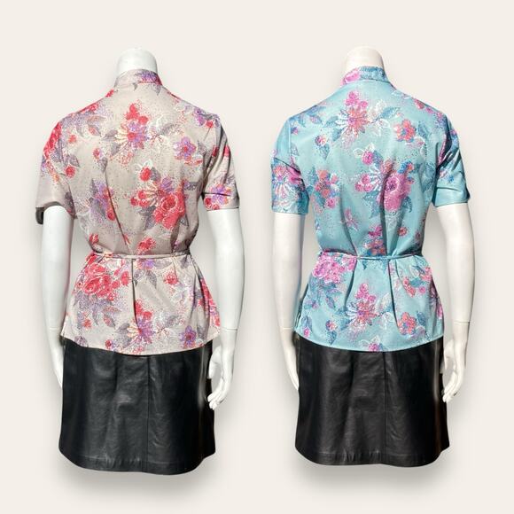 2 70s VTG Sears small polyester blouses w/ pixelated floral pattern - Picture 3 of 6